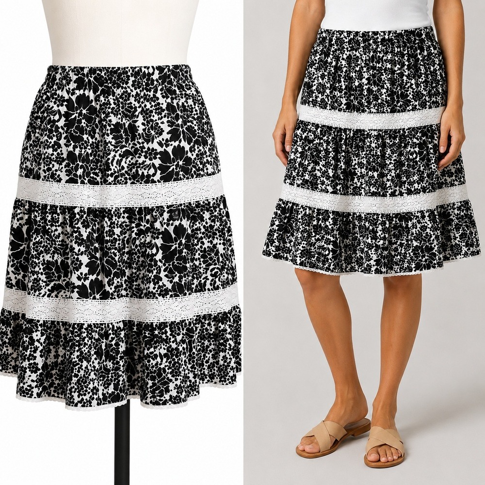 Vintage Y2K Old Navy Tiered Skirt Women 4 Black White Floral Lace Trim Low Waist
